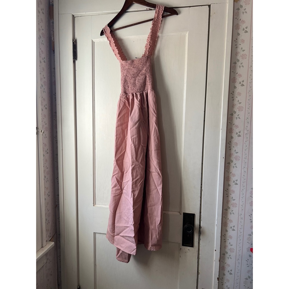Pink Smocked Bodice Maxi Dress Tie Back Straps Ruffle Detail Vacation Resort